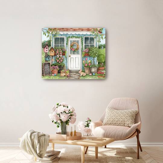 Lumaprints Blue Garden Shed Hello Spring Bunnies Canvas Giclée Art